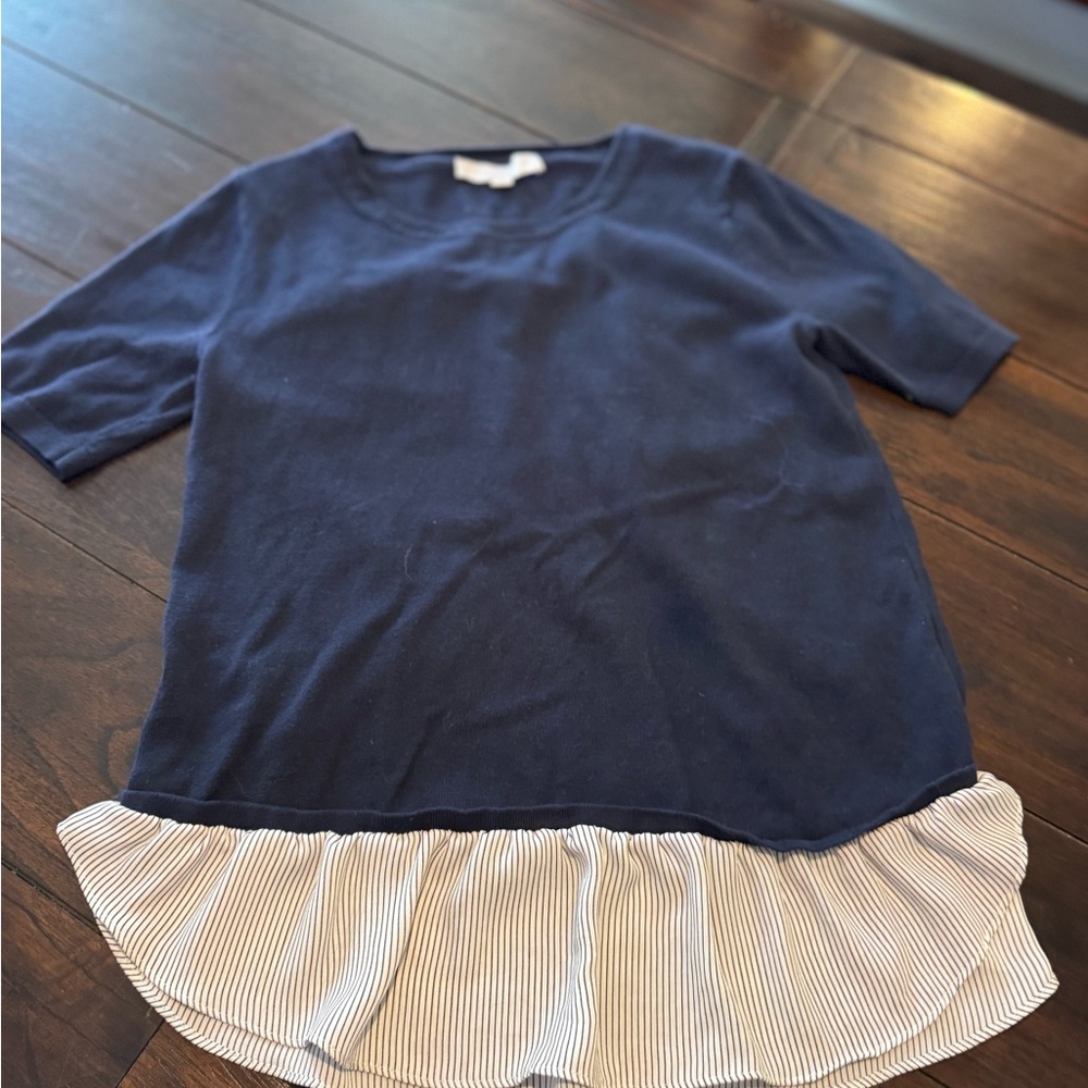 Ann Taylor Navy top with white Striped Hem